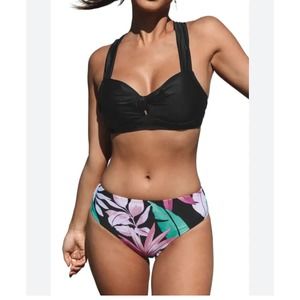 NWT CUPSHE FLORAL BLACK tie back rushed bottom bikini M